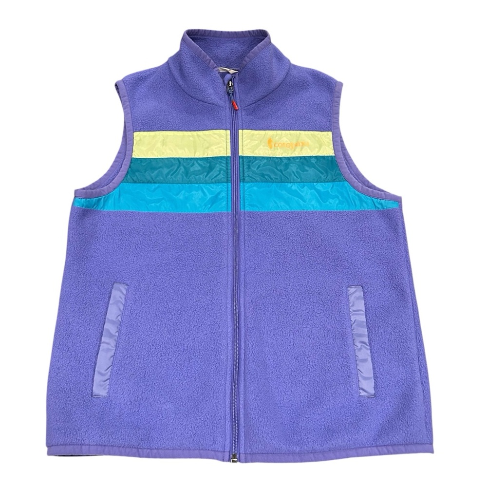 cotopaxi Purple Fleece Vest with Teal and Yellow Stripes